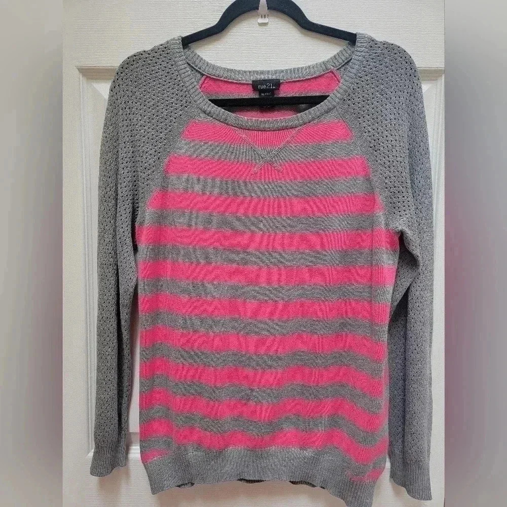 Rue21 Hot Pink & Gray Striped Crew Neck Sweater with Breathable Sleeves XL
